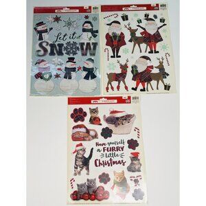 Lot 3 Holiday Time 17"x12" Christmas WINDOW CLINGS Snowmen Santa Cats NIP NEW